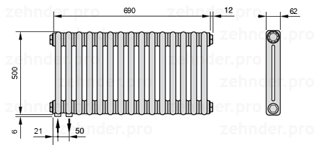 Схема (чертеж) Радиатор Zehnder Charleston 2050/15 №3370 Белый глянцевый RAL 9016